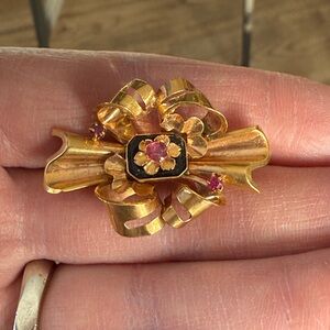 Antique Art Nouveau 18 / 19K Gold Onyx Ruby Ribbon Pin Brooch Pendant Portugal